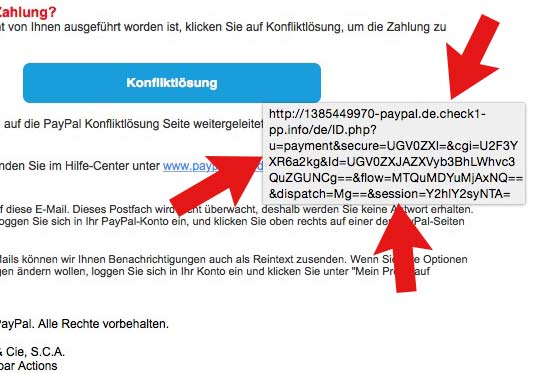 Ein Blick auf den Link offenbart den Betrug. Nicht Paypal steckt dahinter, sondern "papayl-e24", eine Betrugsseite!