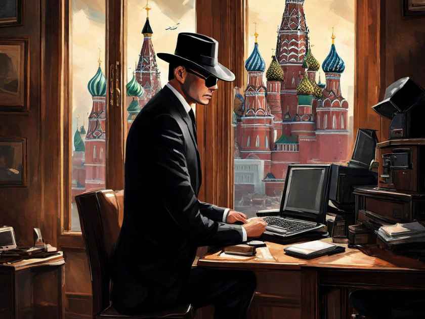 Ein Mann im anzug mit Hut und Sonnenbrille gibt in Moskau etwas in den PC ein
