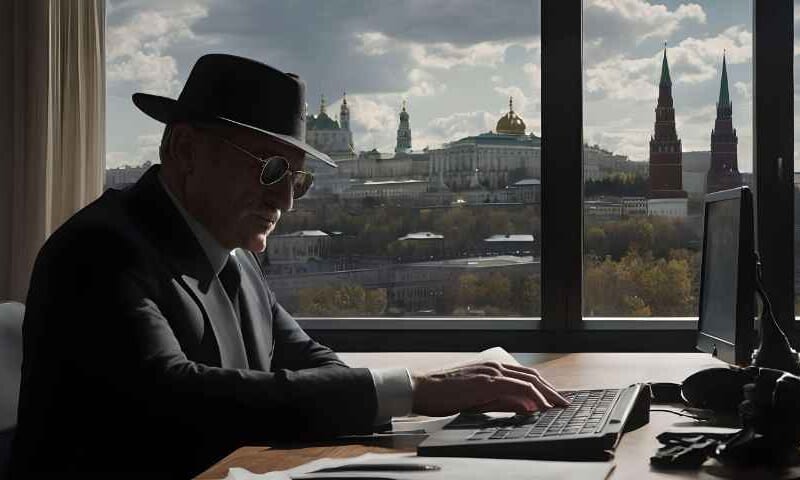 Ein Geheimagent mit schwarzem Hut und Sonnebrille sitzt vor einem Computer und tippt etwas ein. Durch ein Fenster sieht man den Kreml in Moskau