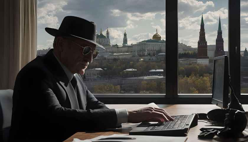 Ein Geheimagent mit schwarzem Hut und Sonnebrille sitzt vor einem Computer und tippt etwas ein. Durch ein Fenster sieht man den Kreml in Moskau