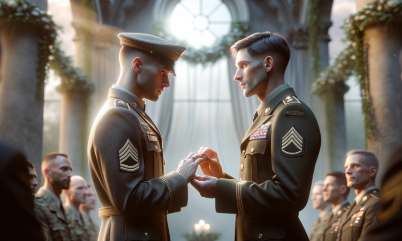 Zwei Soldaten tauschen Ringe wie ein Brautpaar